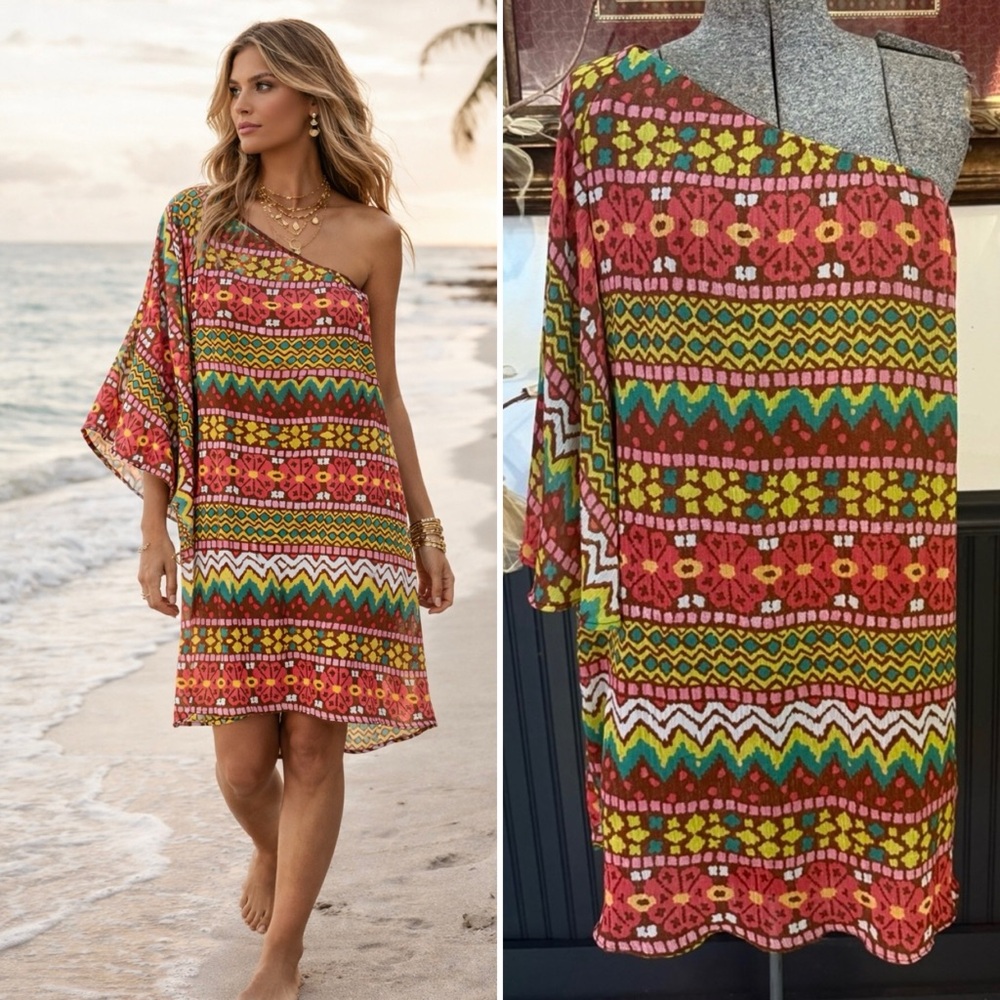 Judith March Bohemian One Shoulder
Colorful Geometrical Print Dress L 💚🍄
